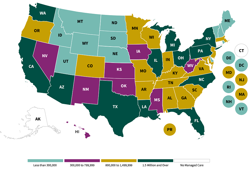 Enrollment in Any Type of Managed Care Plan by State US Map with the categories and values