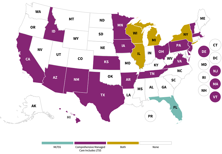 Managed Long-Term Services and Supports (MLTSS) Plans by State US Map breaking down states by MLTSS or Comprehensive Managed Care Includes LTSS or Both of these or None