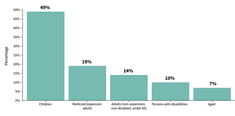 Share of Medicaid & CHIP Population by Eligibility Group Bar Graph displaying Eligibility Groups and the percentage of each group that make up the Medicaid and CHIP Population