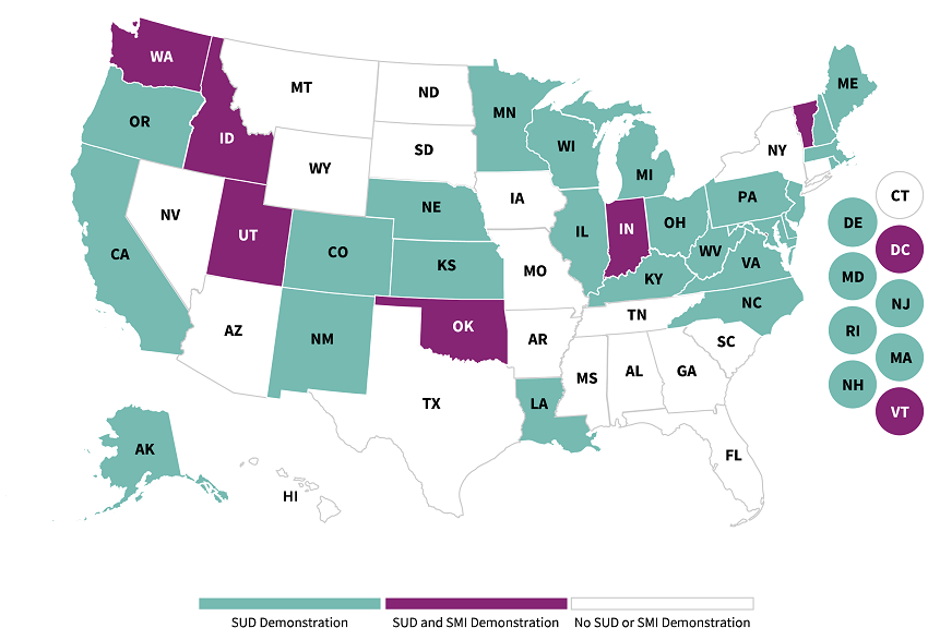 Section 1115 Substance Use Disorder (SUD) and Serious Mental Illness (SMI) Demonstrations US Map showing which states have Demonstrations of SUD, SUD and SMI, and Neither SUD nor SMI