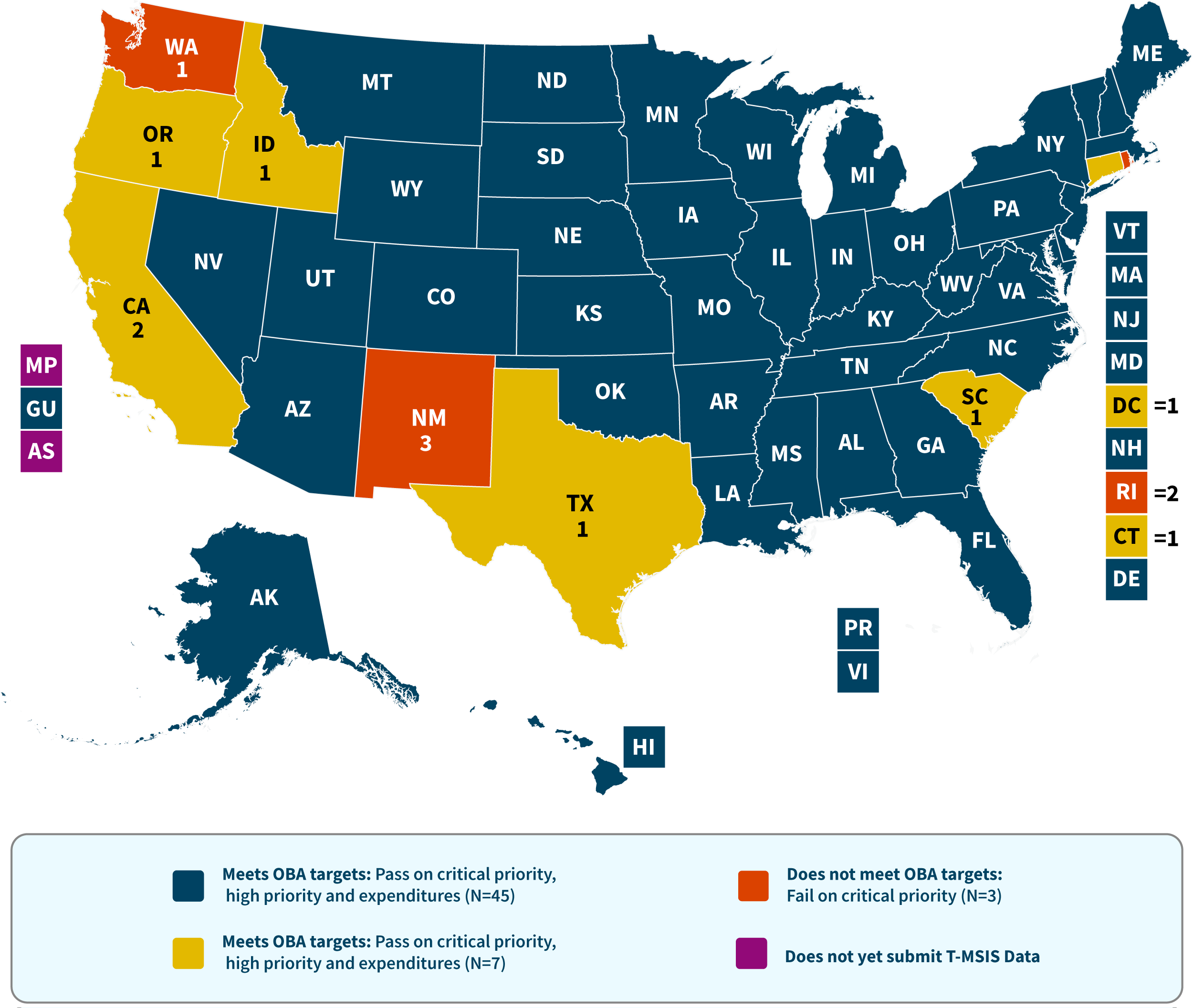 Map displays each state and territory’s T-MSIS reporting data quality assessment using the Outcomes Based Assessment (OBA) methodology.