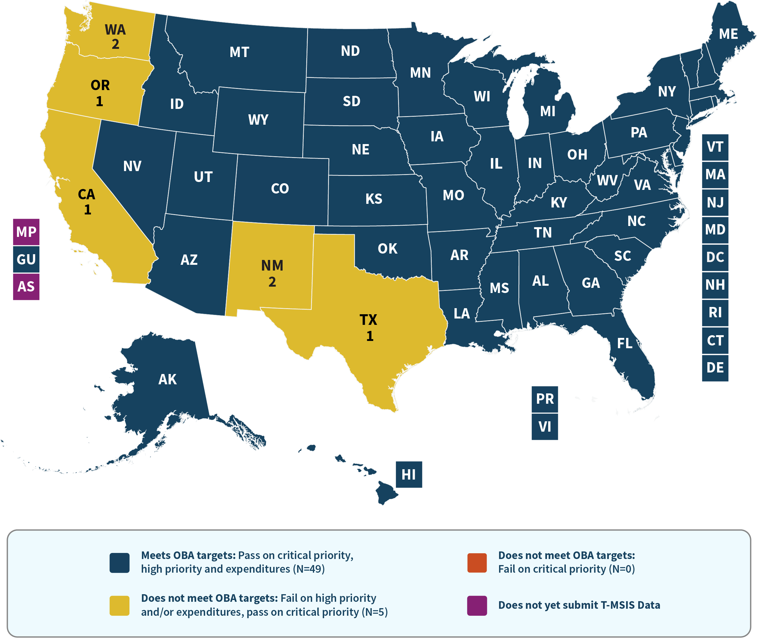 Map displays each state and territory’s T-MSIS reporting data quality assessment using the Outcomes Based Assessment (OBA) methodology.