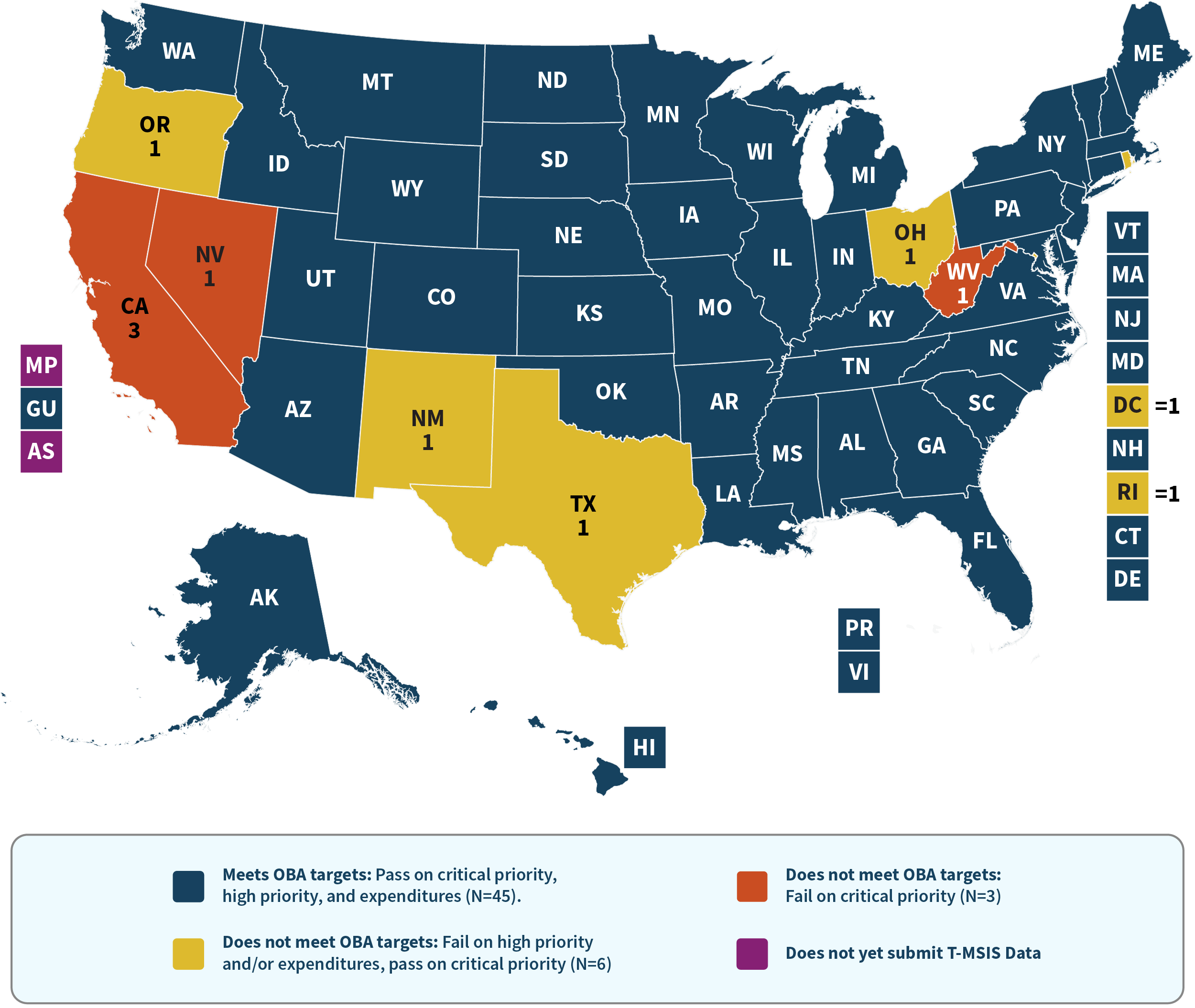 Map displays each state and territory’s T-MSIS reporting data quality assessment using the Outcomes Based Assessment (OBA) methodology.