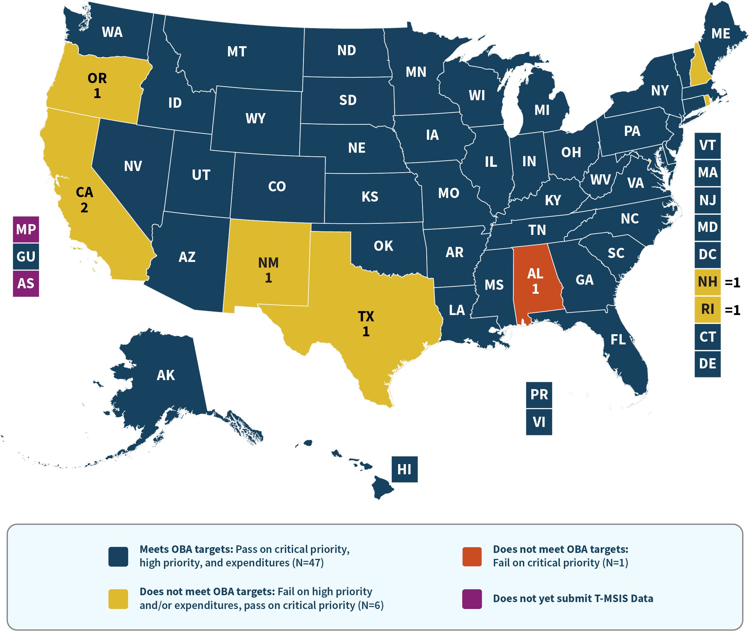 Map displays each state and territory’s T-MSIS reporting data quality assessment using the Outcomes Based Assessment (OBA) methodology.
