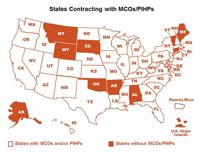 All states have MCO’s or PIHPs and therefore are subject to the quality provisions of 438 except: Alabama, Alaska, Arkansas, Connecticut, Maine, Montana, Oklahoma, South Dakota, U.S. Virgin Islands, Vermont, and Wyoming