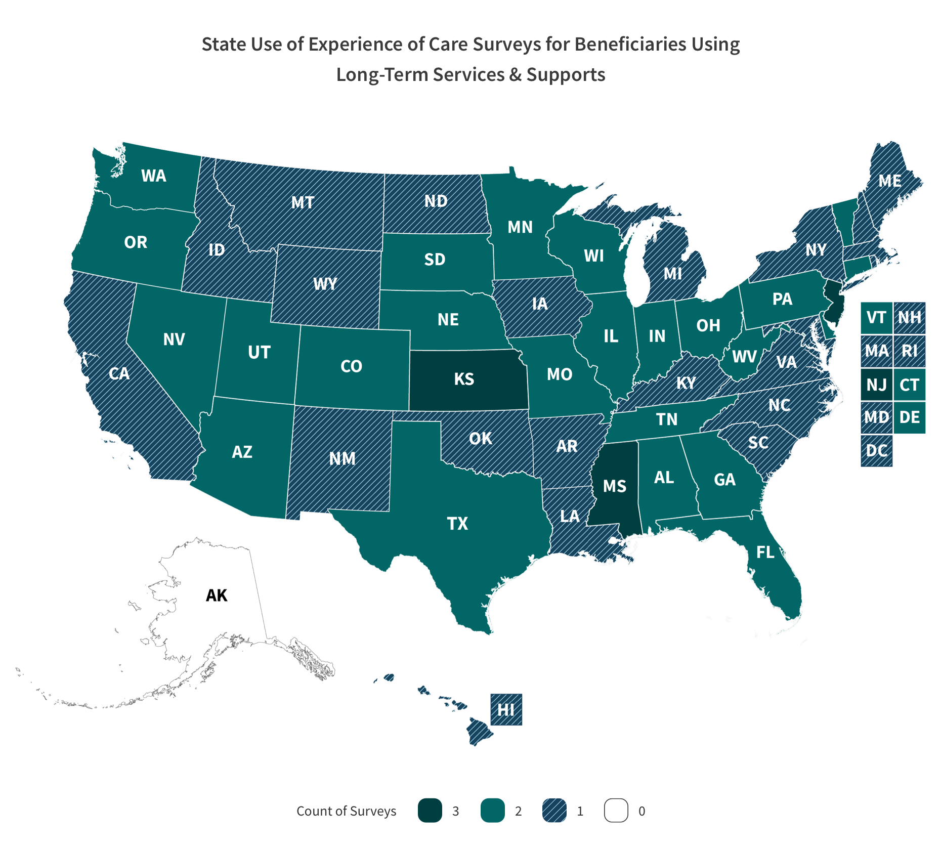 State Use Experience �of Care Surveys for Beneficiaries Using Long-Term Services and SupportsUS Map with the categories and values. Described in the table below.