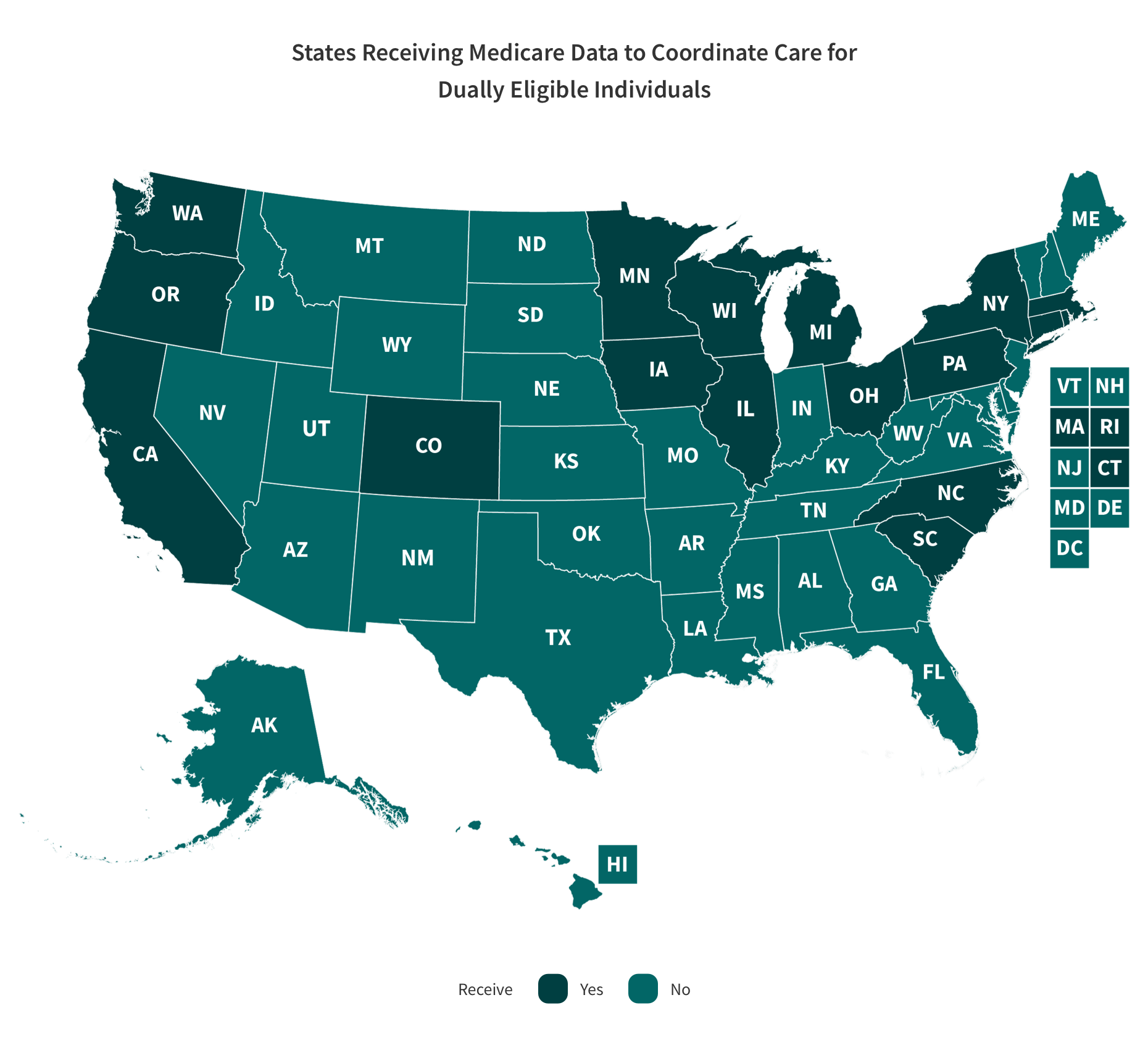 States Receiving Medicare Data to Coordinate Care for Dually Eligible Individuals US Map with the categories and values. Described in the following table.
