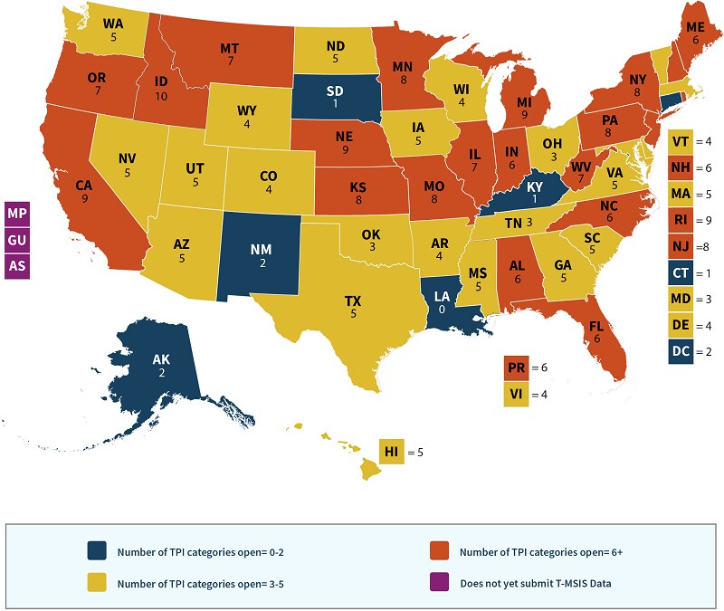 Map showing how many open TPI categories each state/territory has